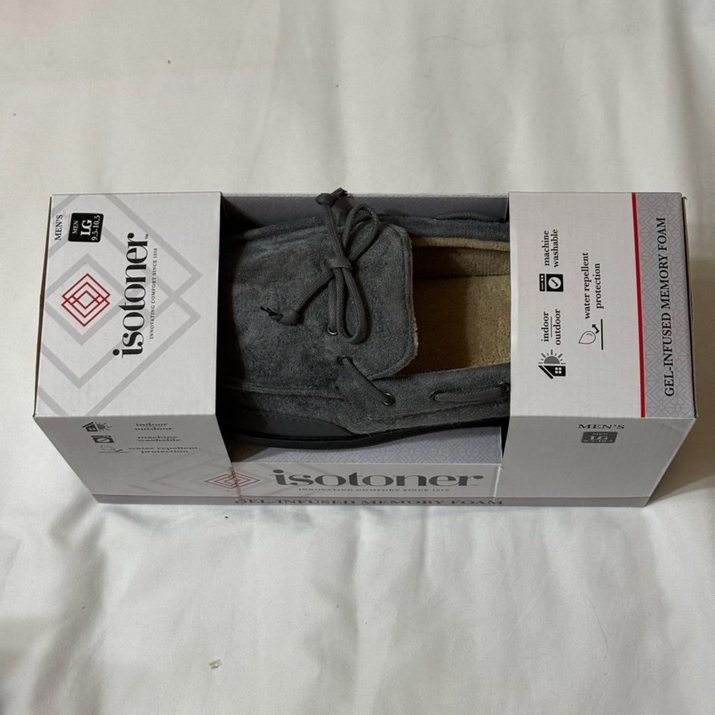 Isotoner Men's Gray Suede Moccasin Slippers LG 9.5-10.5