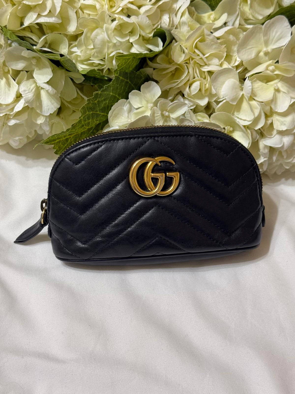Gucci GG Marmont Black Leather Quilted Makeup Bag