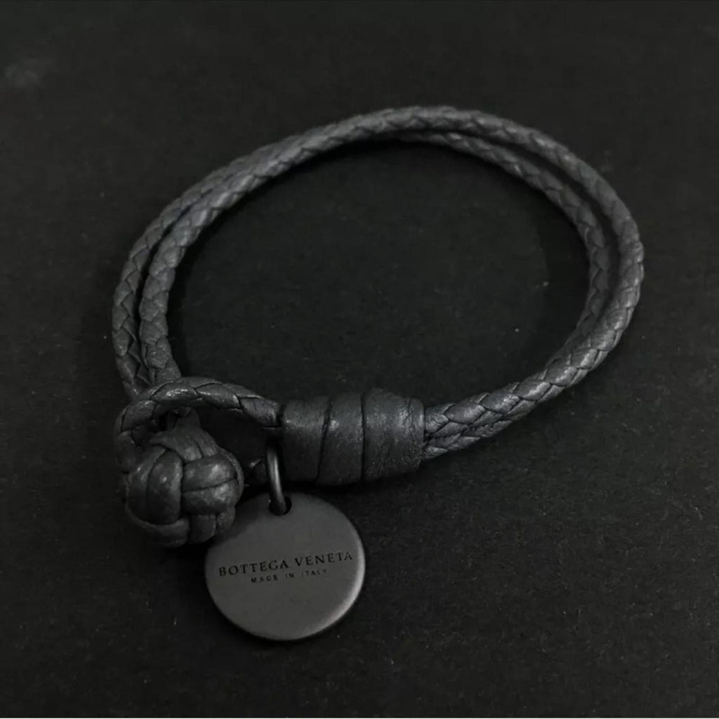 Bottega Veneta Dark Gray Braided Leather Bracelet