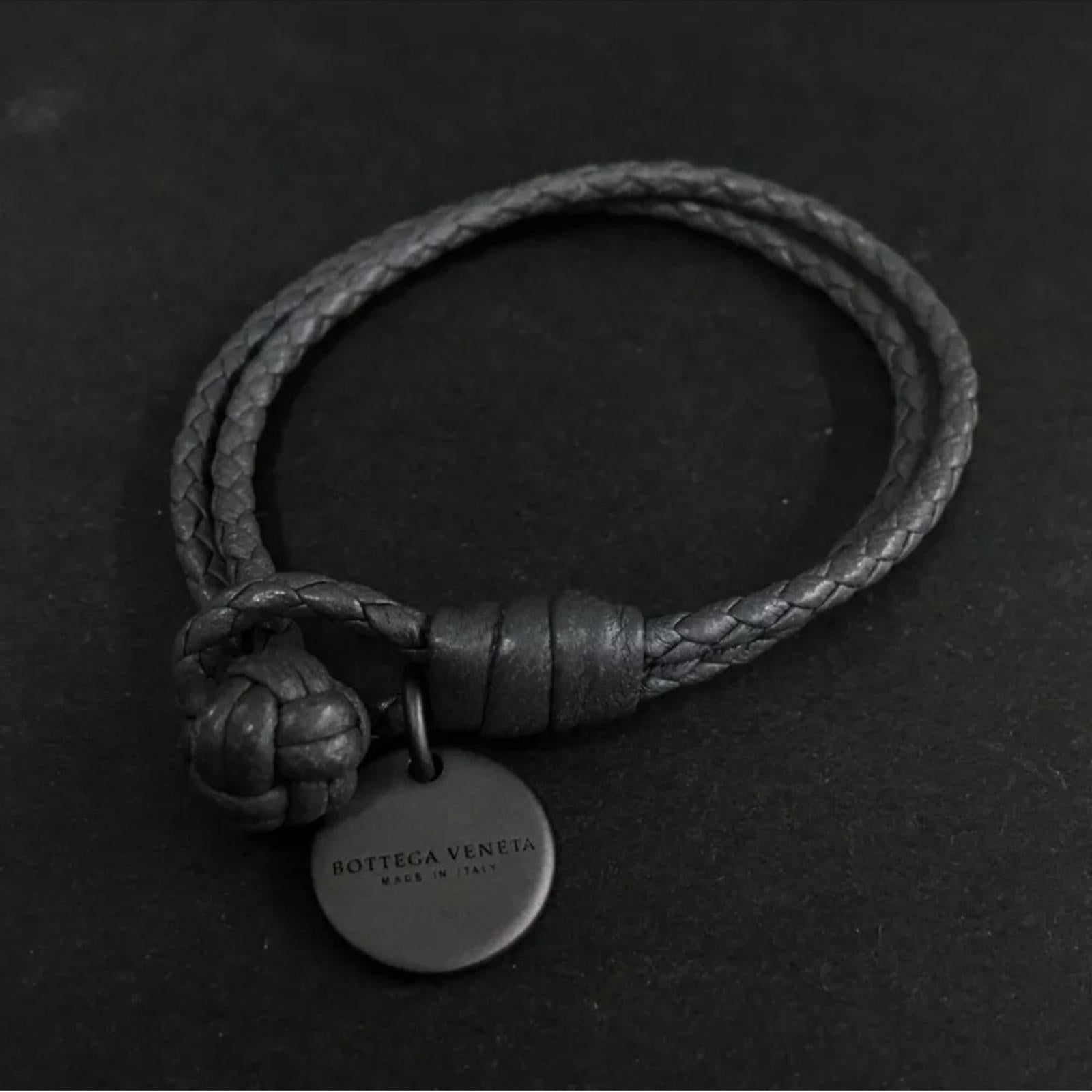 Bottega Veneta Dark Gray Braided Leather Bracelet