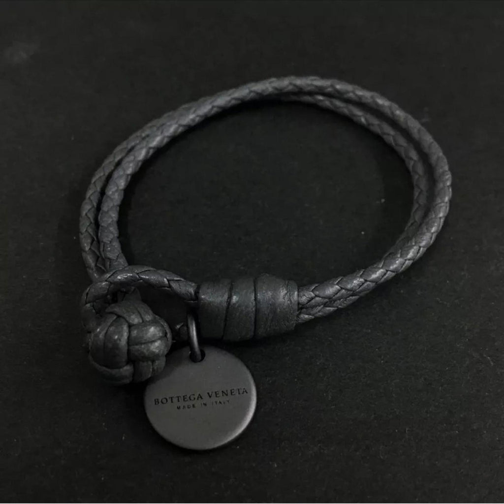 Bottega Veneta Dark Gray Braided Leather Bracelet