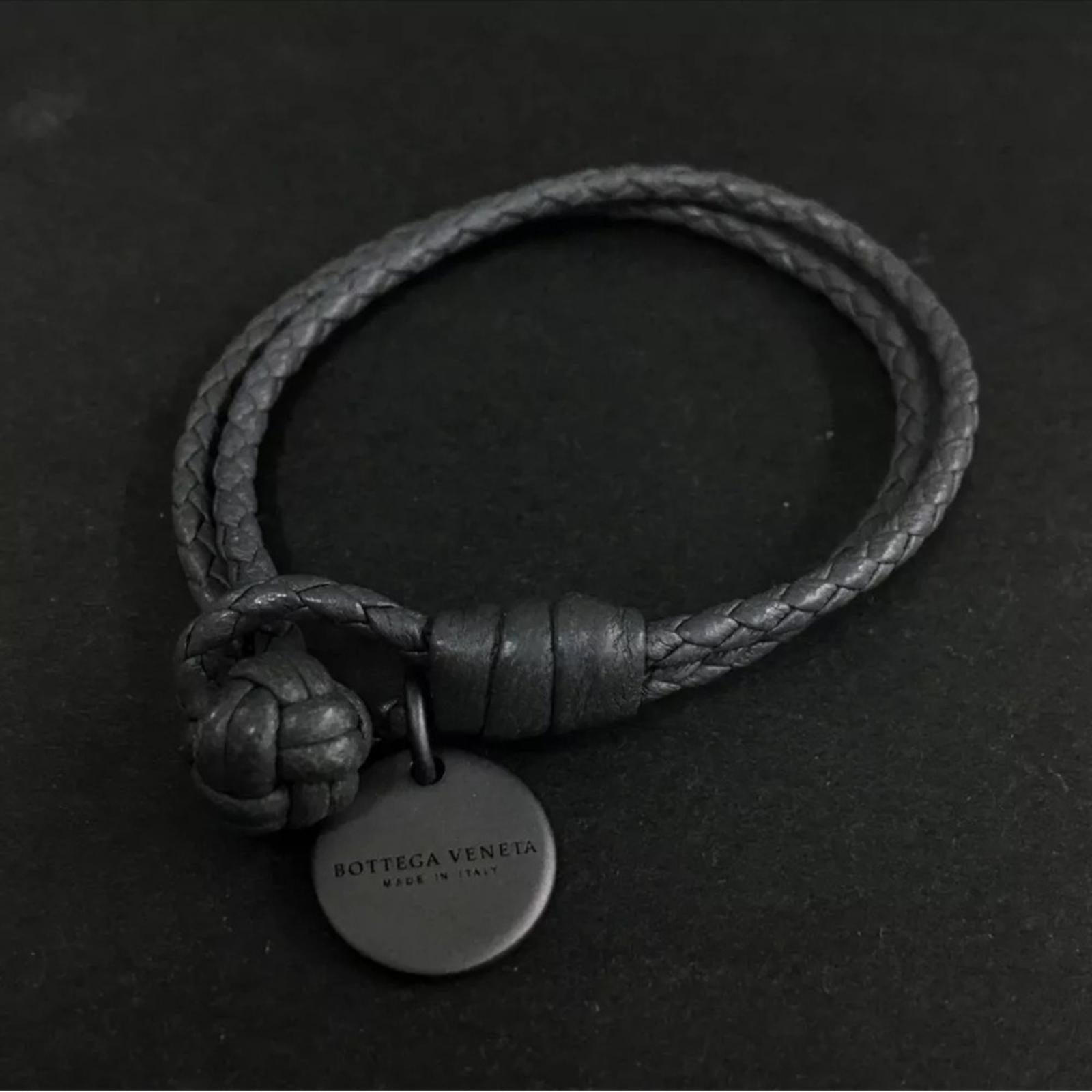 Bottega Veneta Dark Gray Braided Leather Bracelet