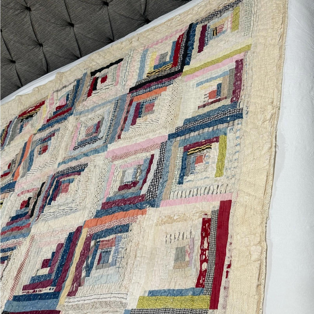 Antique Log Cabin Handmade Quilt 82x72