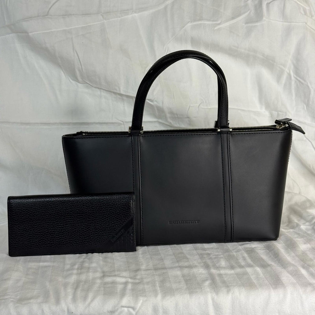 Burberry Black Leather Tote and Wallet Set