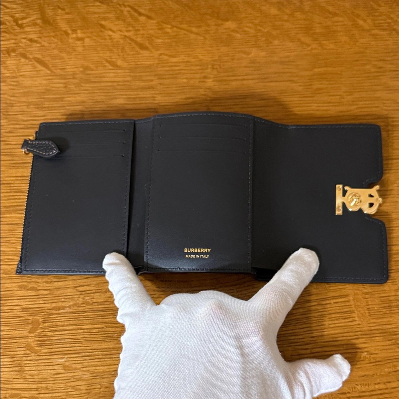 New Burberry Black Trifold Leather Wallet with Gold Logo