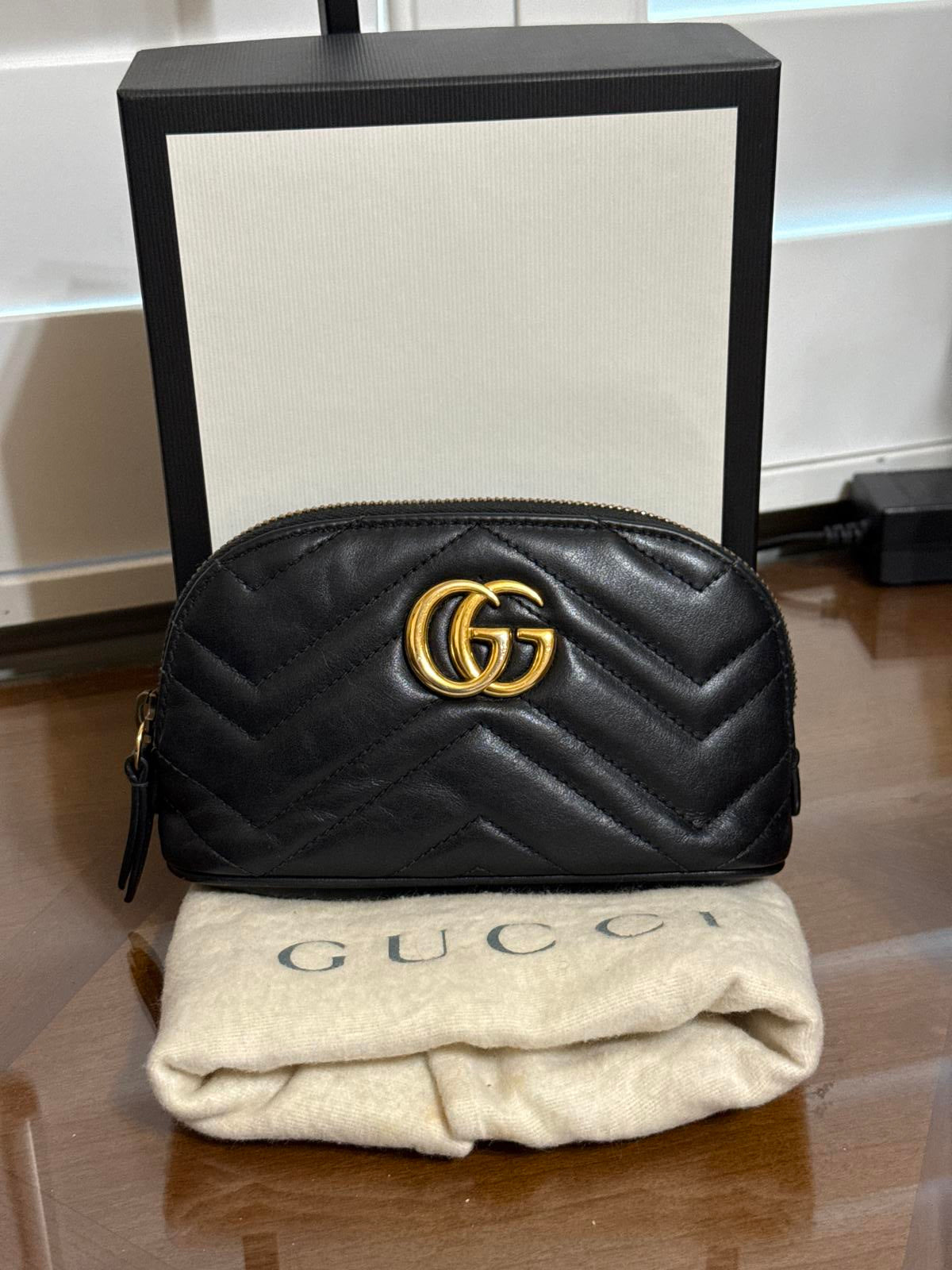 Gucci GG Marmont Black Leather Quilted Makeup Bag