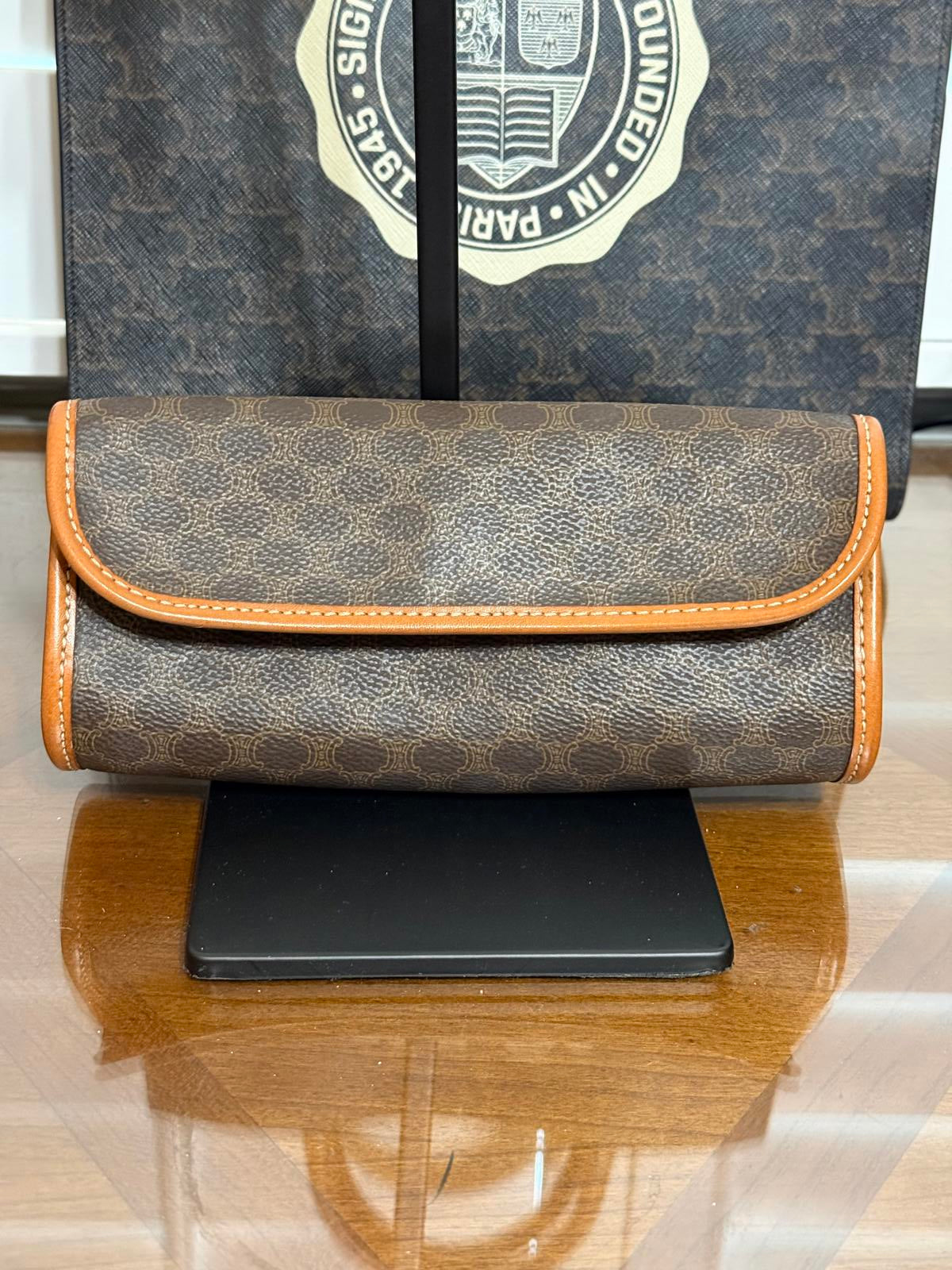 Celine Triomphe vintage leather trimmed clutch bag