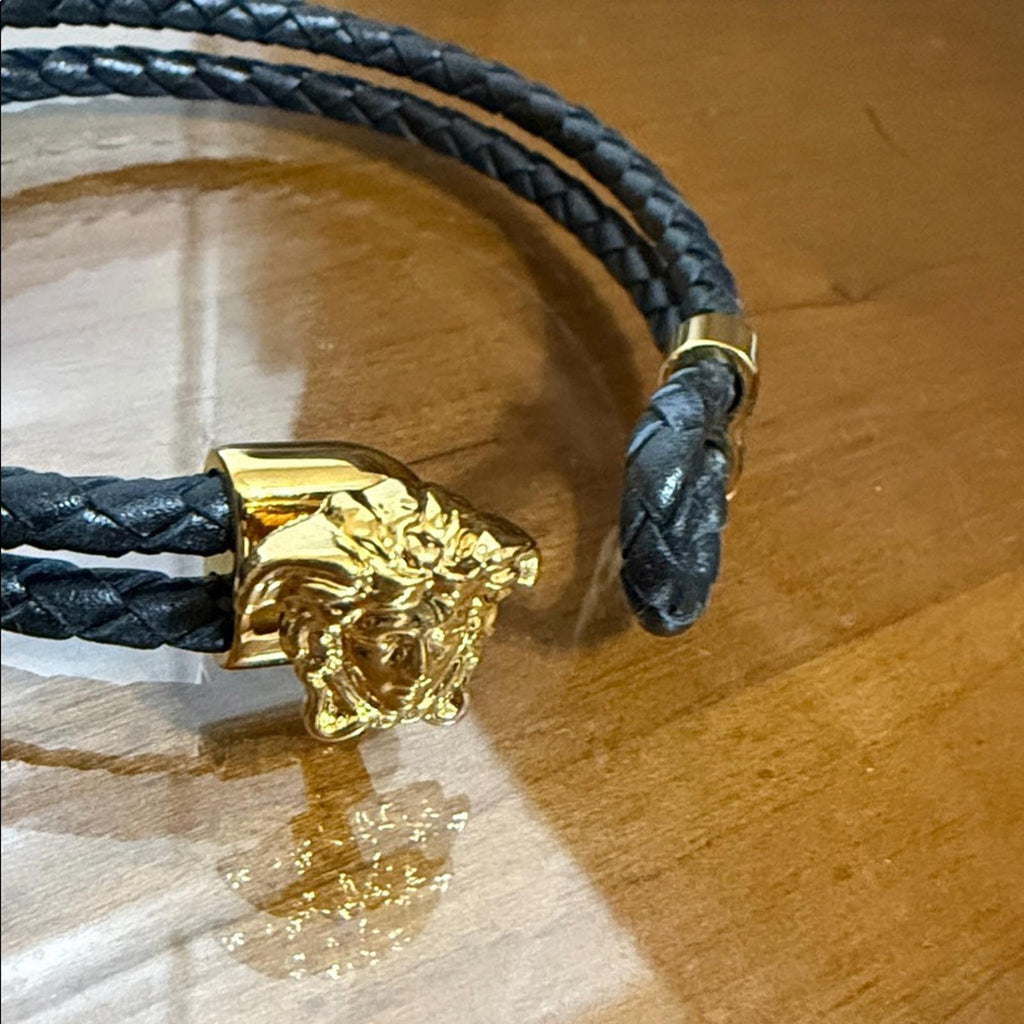 Versace Medusa Black Braided Leather Bracelet with Gold Accents