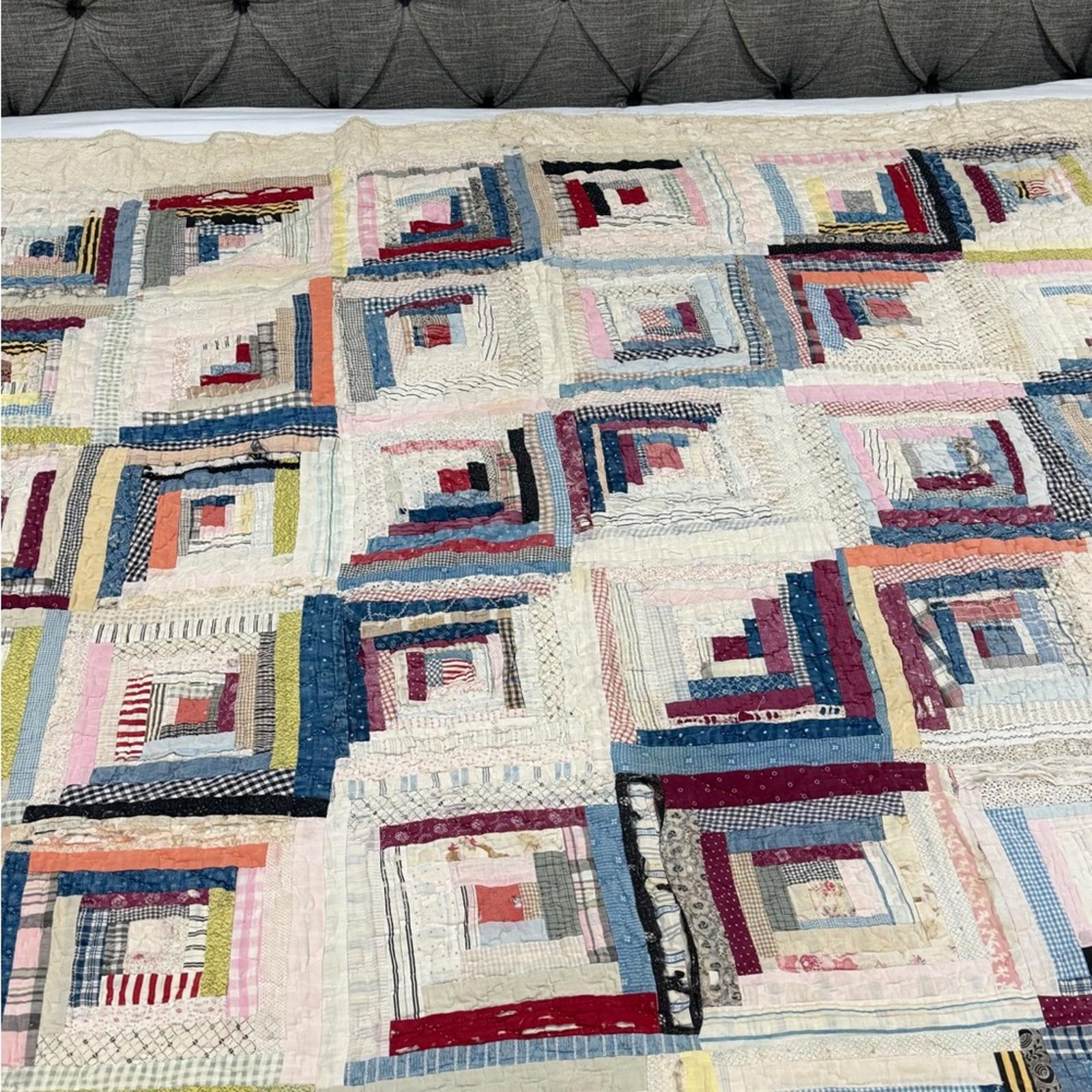 Antique Log Cabin Handmade Quilt 82x72