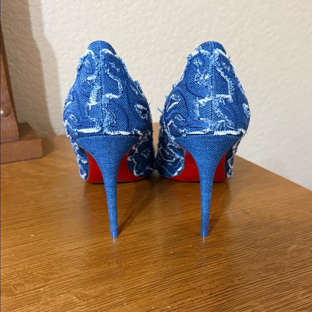 Christian Louboutin Blue Embroidered Denim Heels