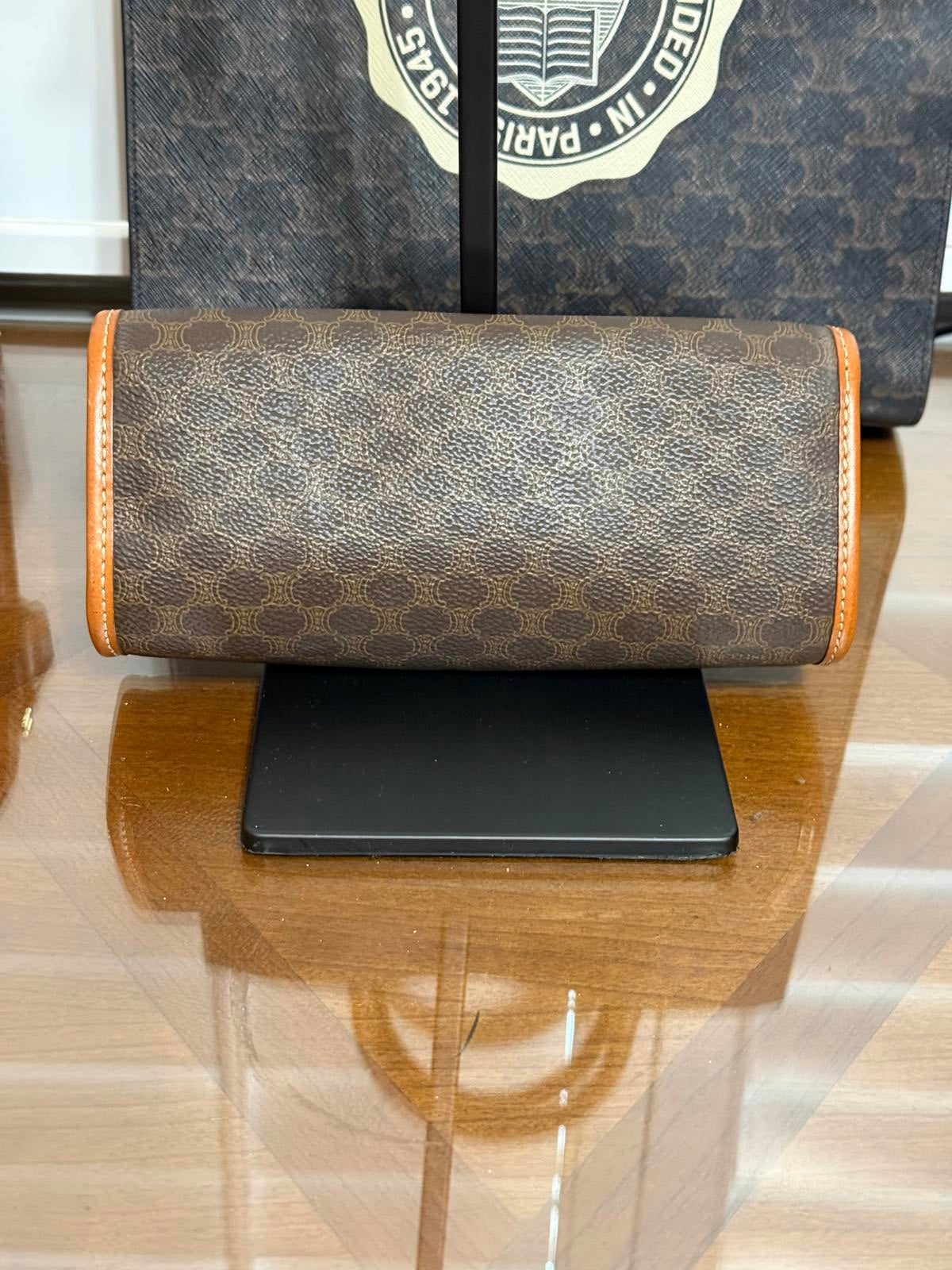 Celine Triomphe vintage leather trimmed clutch bag