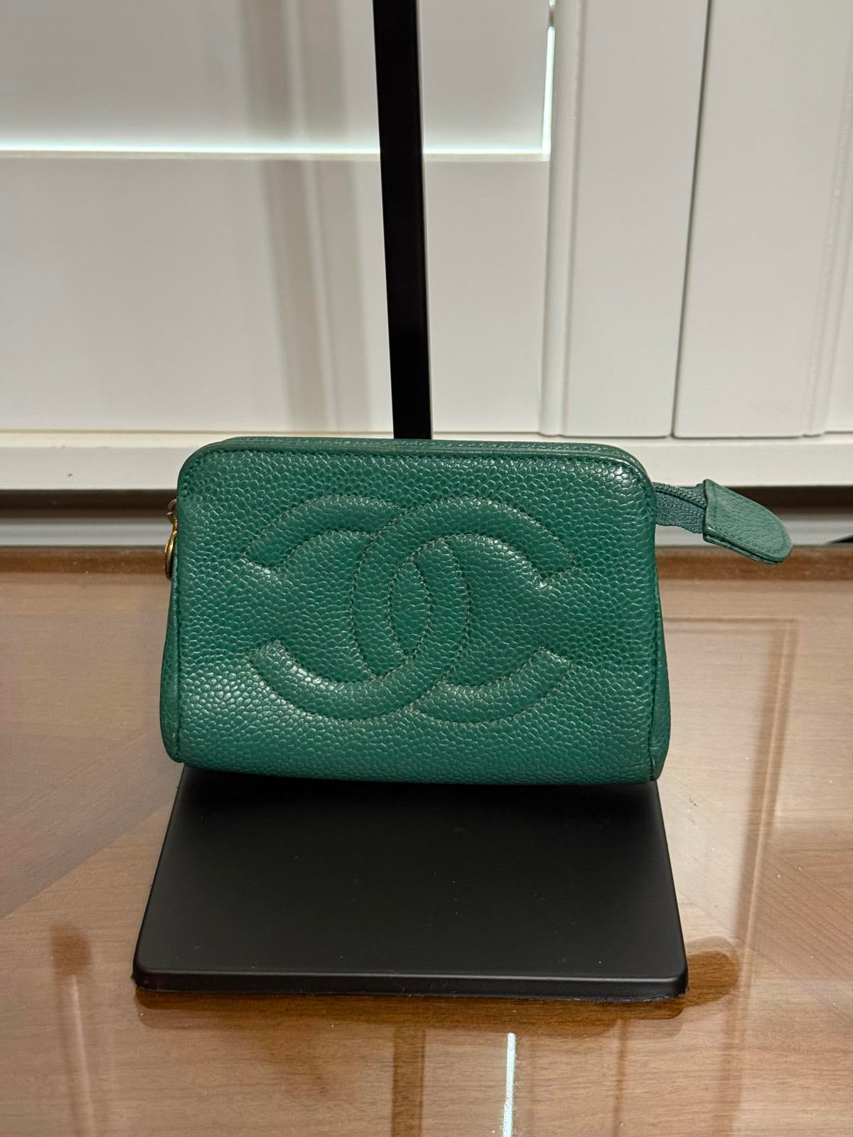 Chanel Green Coco Mark Pouch Grained Leather