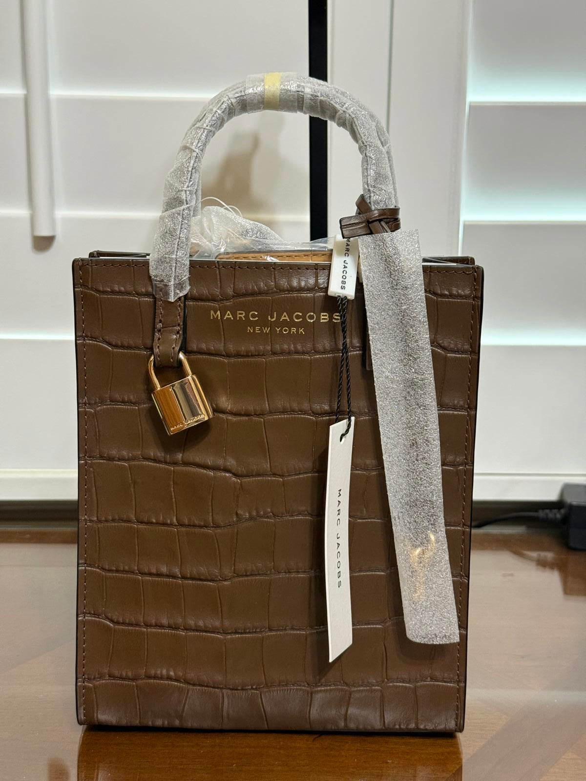 New Marc Jacobs Brown Mini Grind Tote Bag in Croc-Embossed Leather