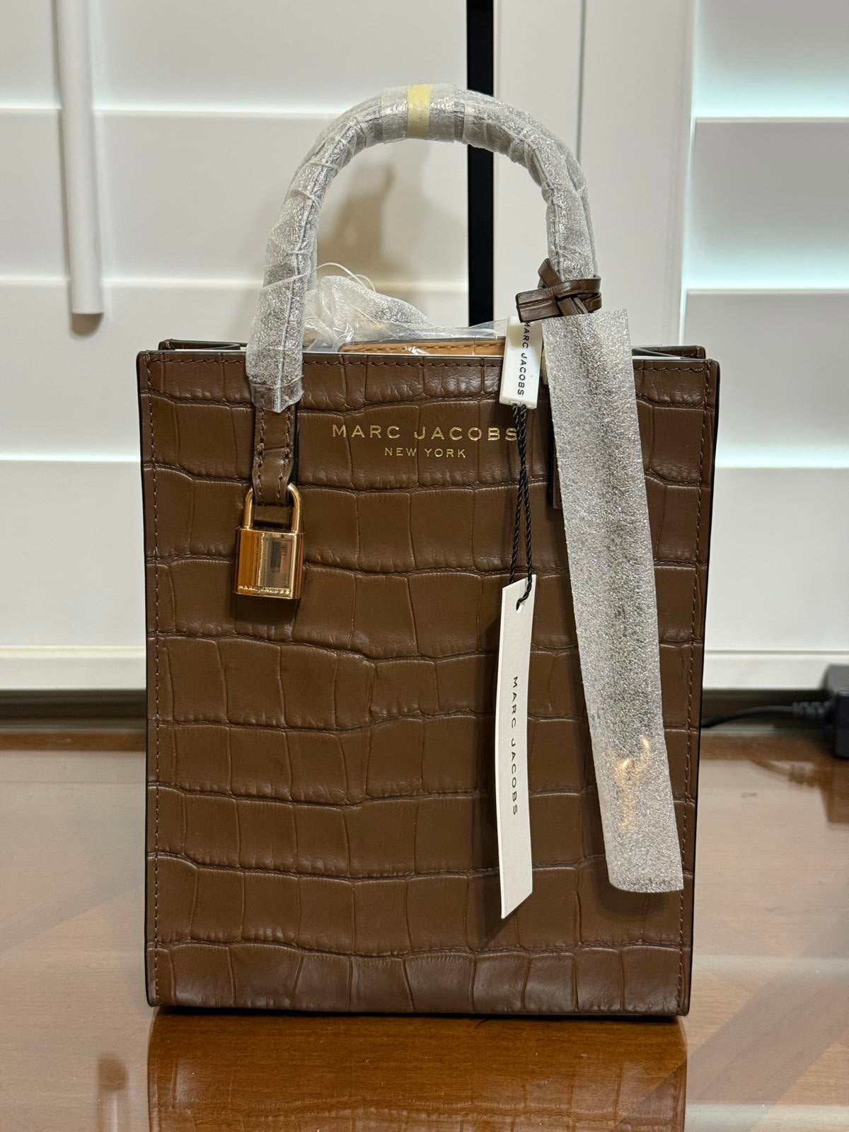 New Marc Jacobs Brown Mini Grind Tote Bag in Croc-Embossed Leather