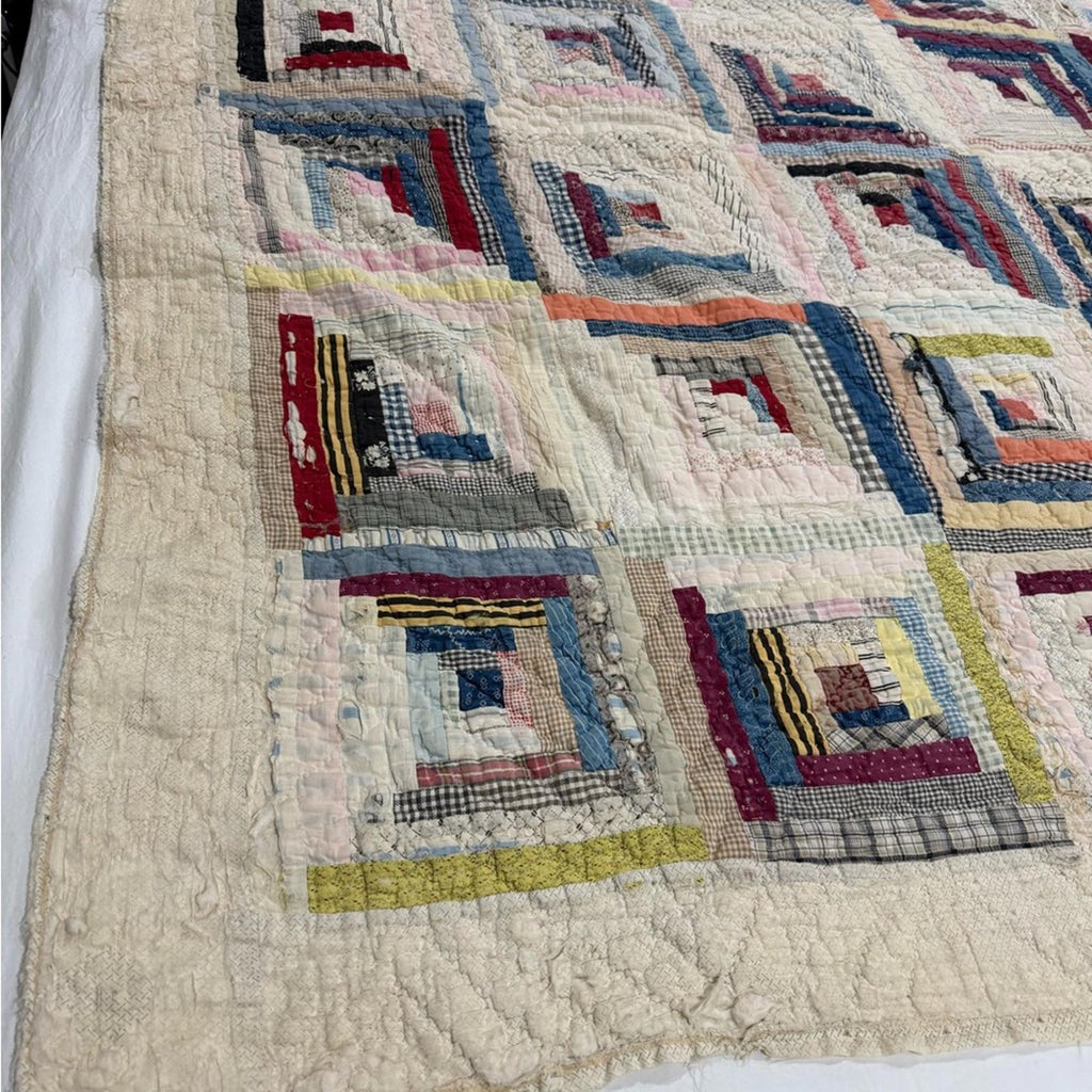 Antique Log Cabin Handmade Quilt 82x72