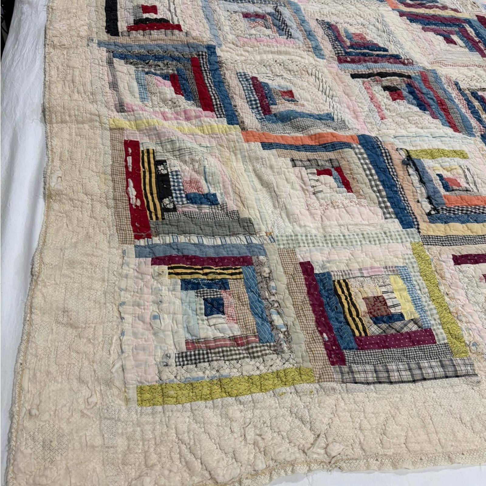 Antique Log Cabin Handmade Quilt 82x72