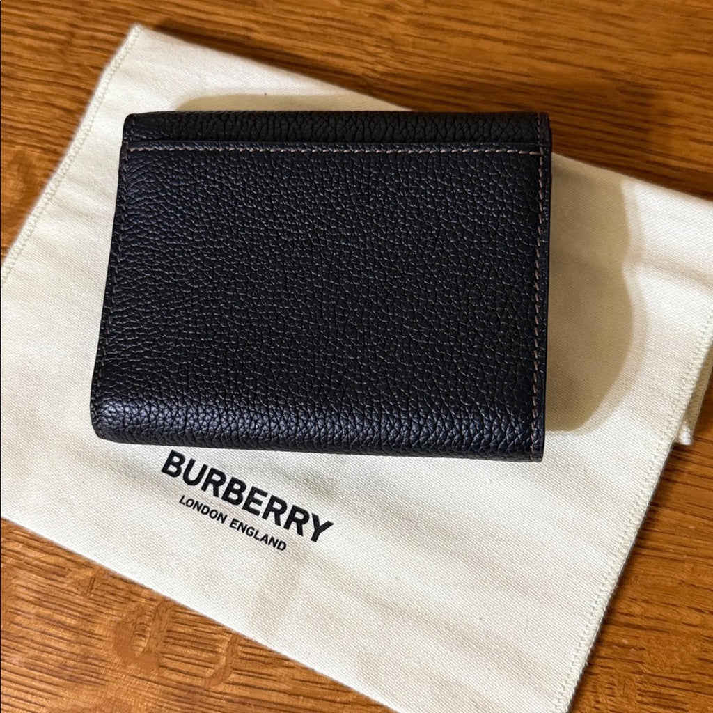 New Burberry Black Trifold Leather Wallet with Gold Logo