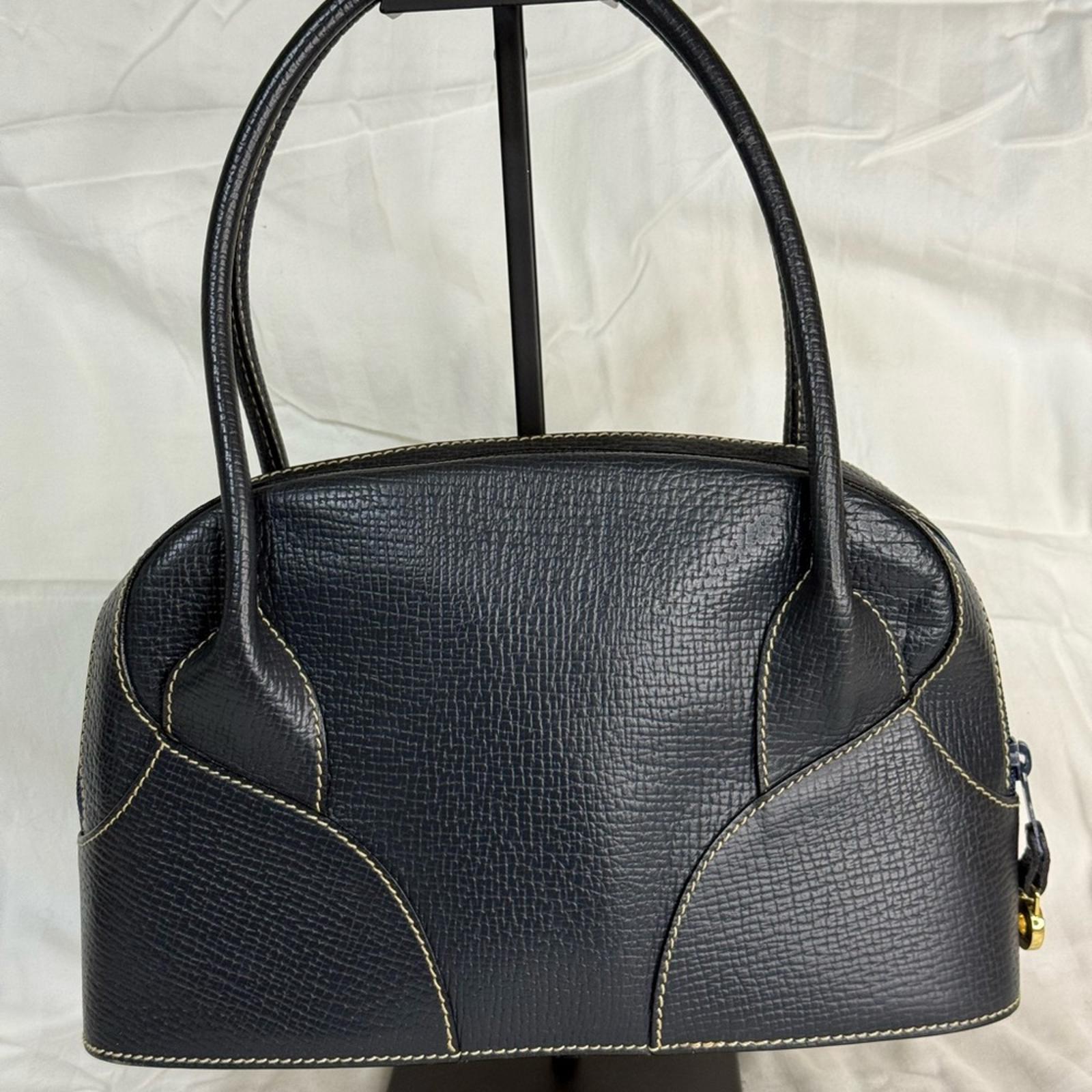 Loewe Bowling Bag in Dark Blue Grained Leather with Contrasting Stitching