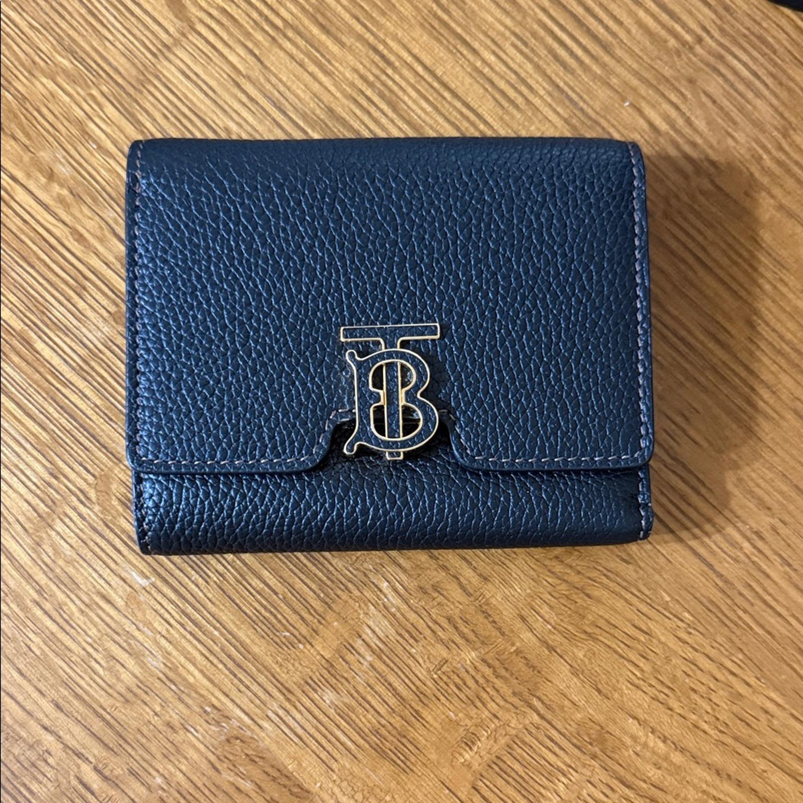 New Burberry Black Trifold Leather Wallet with Gold Logo