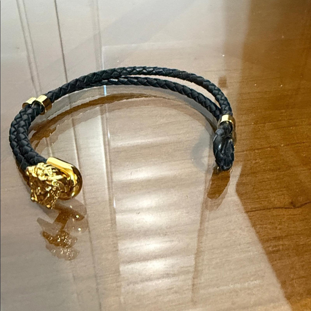 Versace Medusa Black Braided Leather Bracelet with Gold Accents