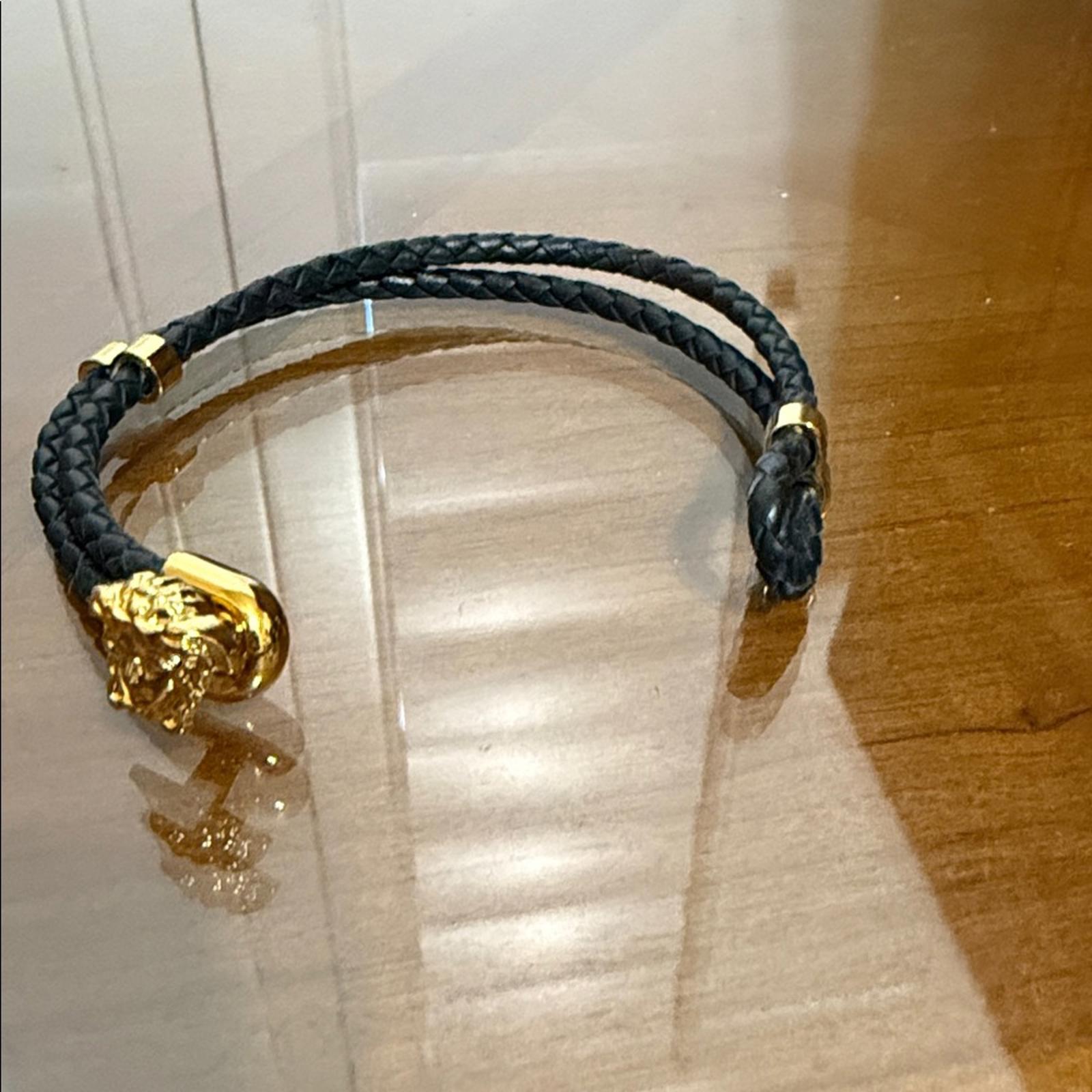 Versace Medusa Black Braided Leather Bracelet with Gold Accents