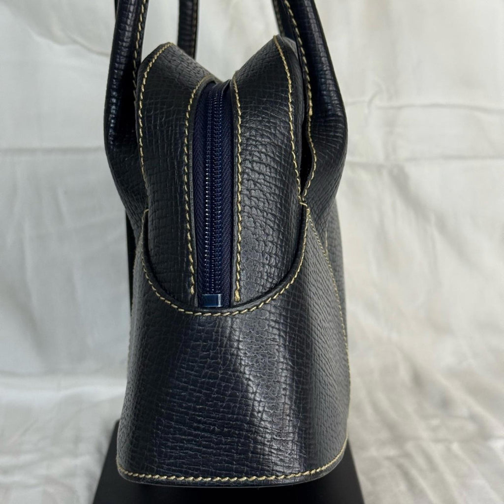 Loewe Bowling Bag in Dark Blue Grained Leather with Contrasting Stitching