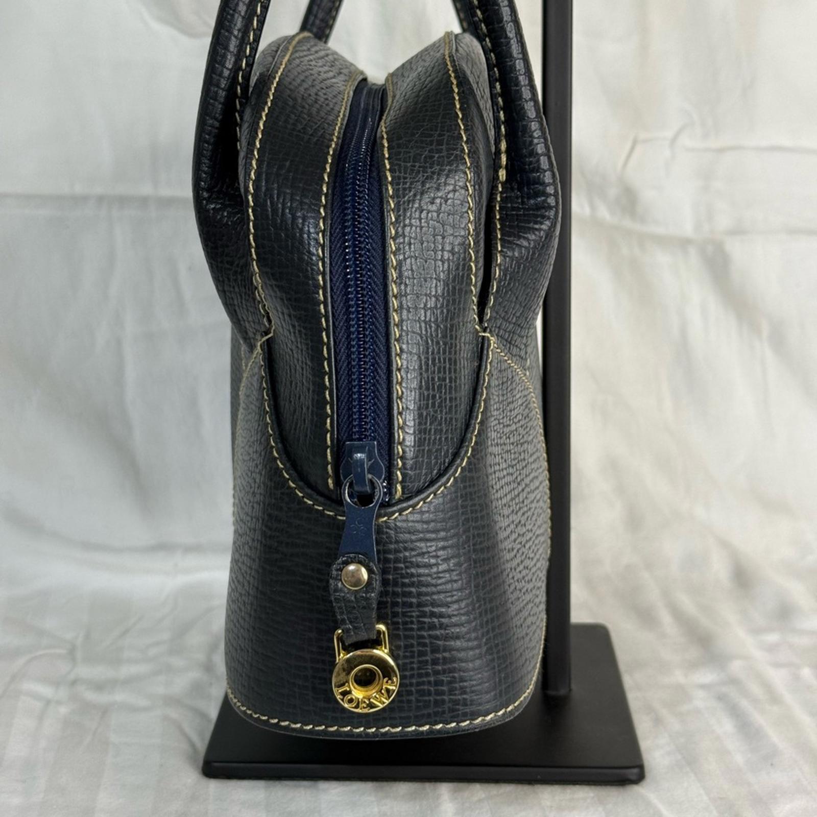 Loewe Bowling Bag in Dark Blue Grained Leather with Contrasting Stitching