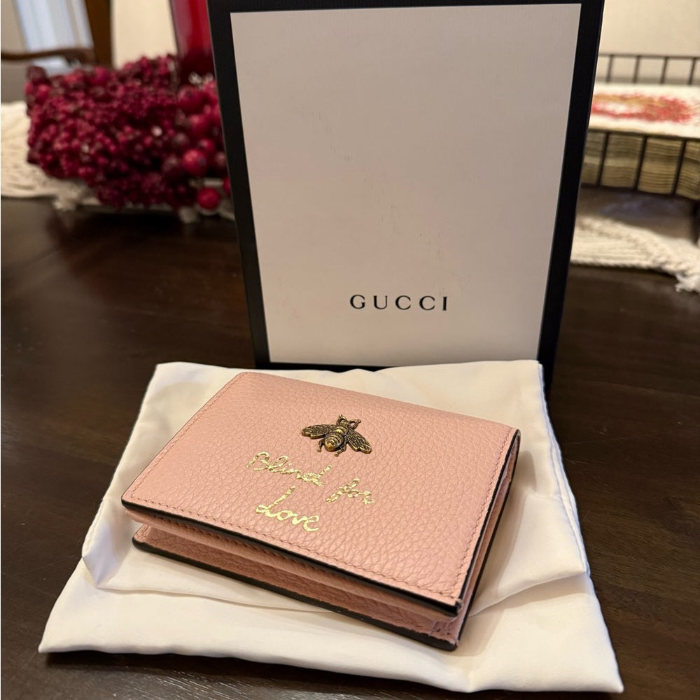 GUCCI New Animalier Bee Pink Leather Bifold Wallet