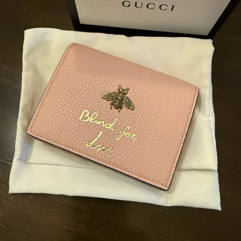 GUCCI New Animalier Bee Pink Leather Bifold Wallet