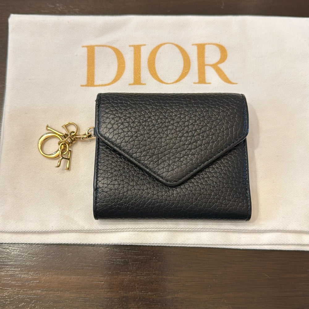 Dior Diorissimo Logo Charm Leather Trifold Wallet Black