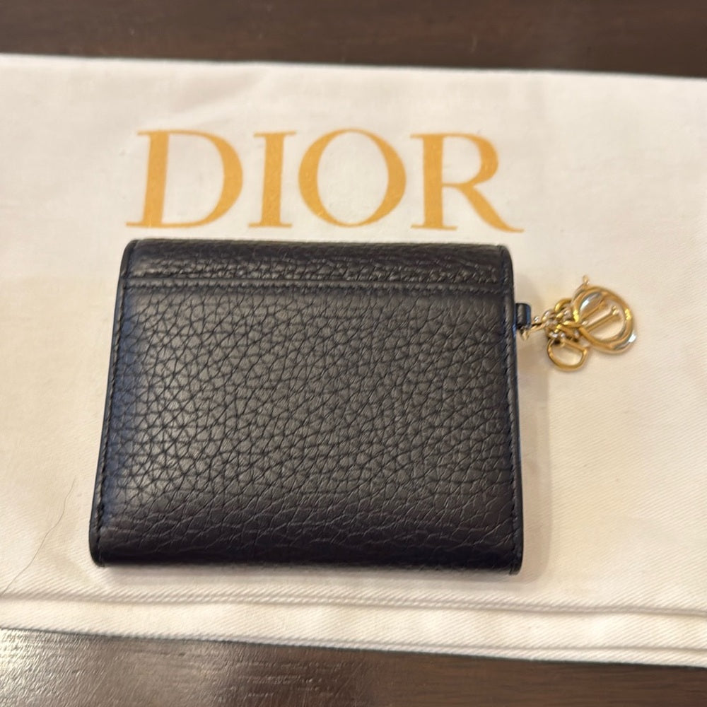 Dior Diorissimo Logo Charm Leather Trifold Wallet Black