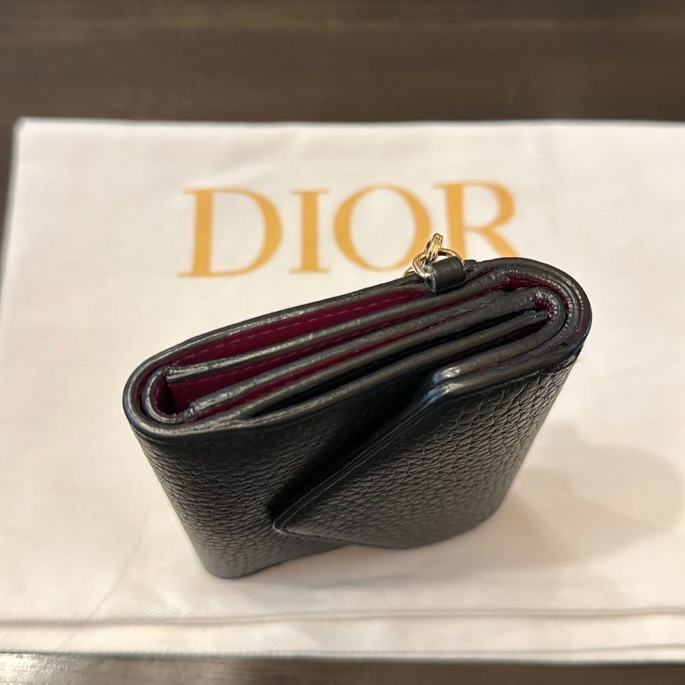 Dior Diorissimo Logo Charm Leather Trifold Wallet Black