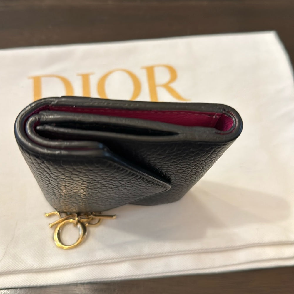 Dior Diorissimo Logo Charm Leather Trifold Wallet Black