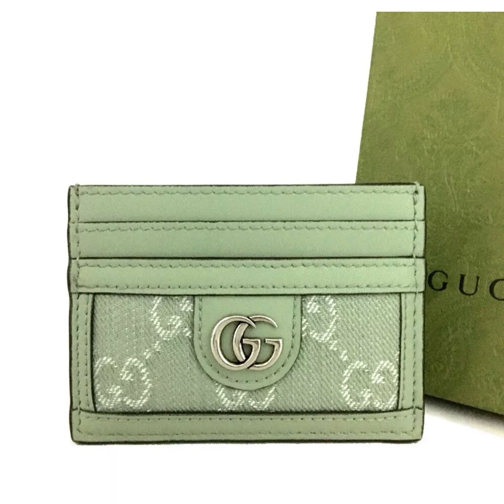New GUCCI Ophidia GG Pale Green Canvas Leather Card Case