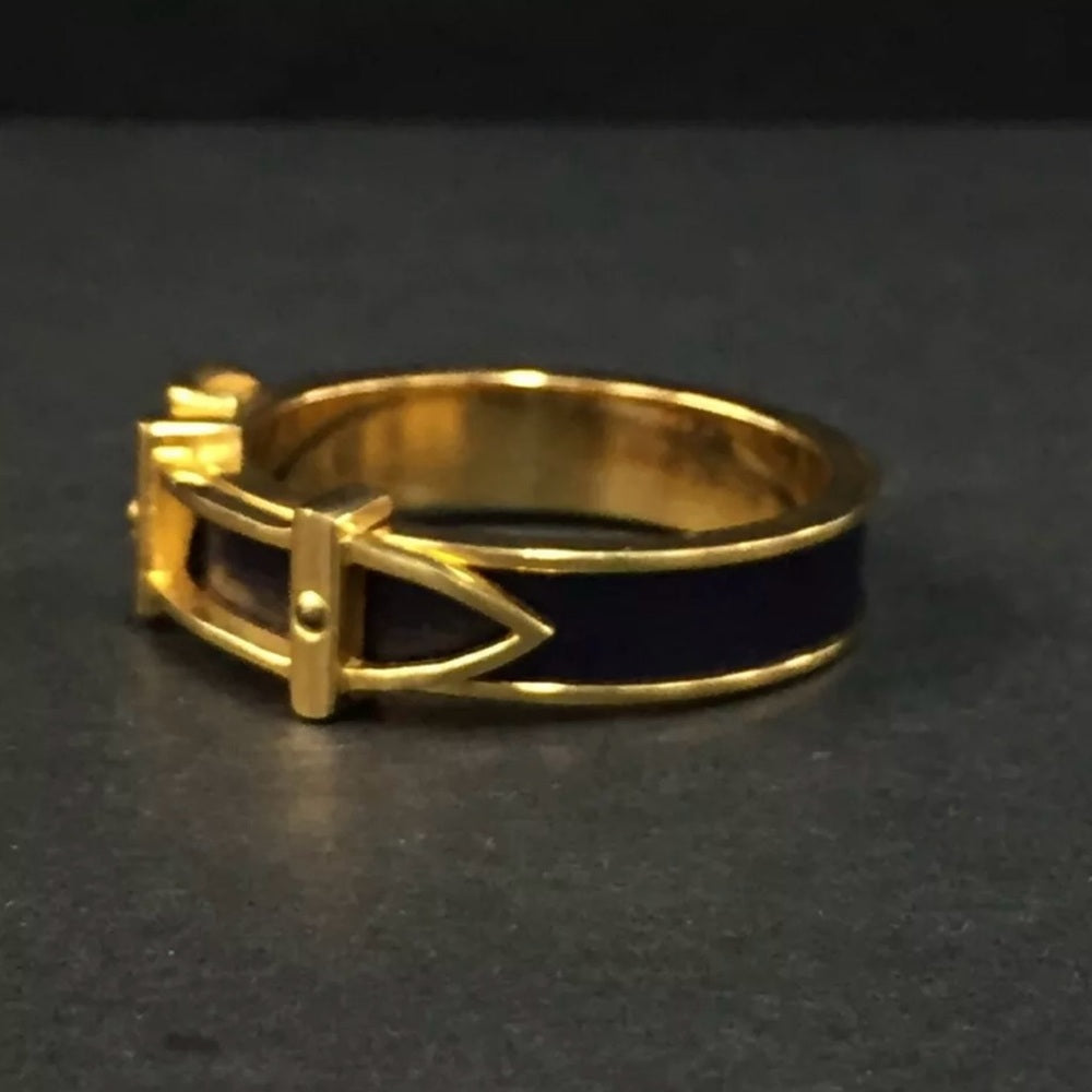 New Hermes Black and Gold Belt Motif Scarf Ring