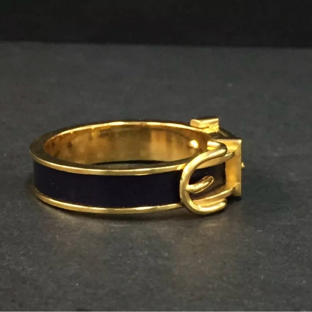New Hermes Black and Gold Belt Motif Scarf Ring