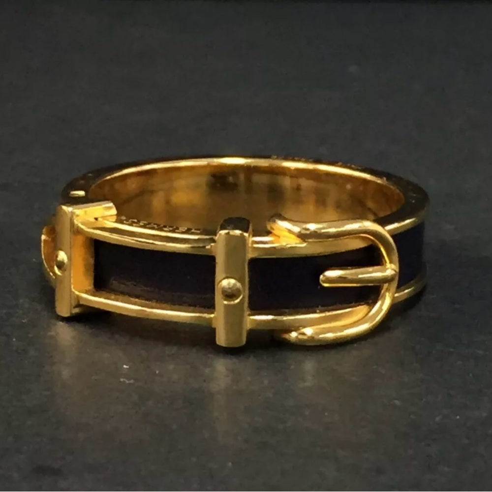 New Hermes Black and Gold Belt Motif Scarf Ring