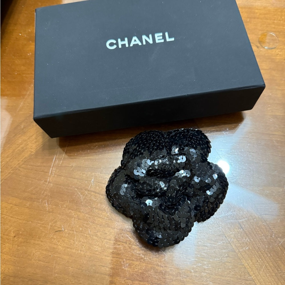 Chanel Black Camellia Sequin Brooch