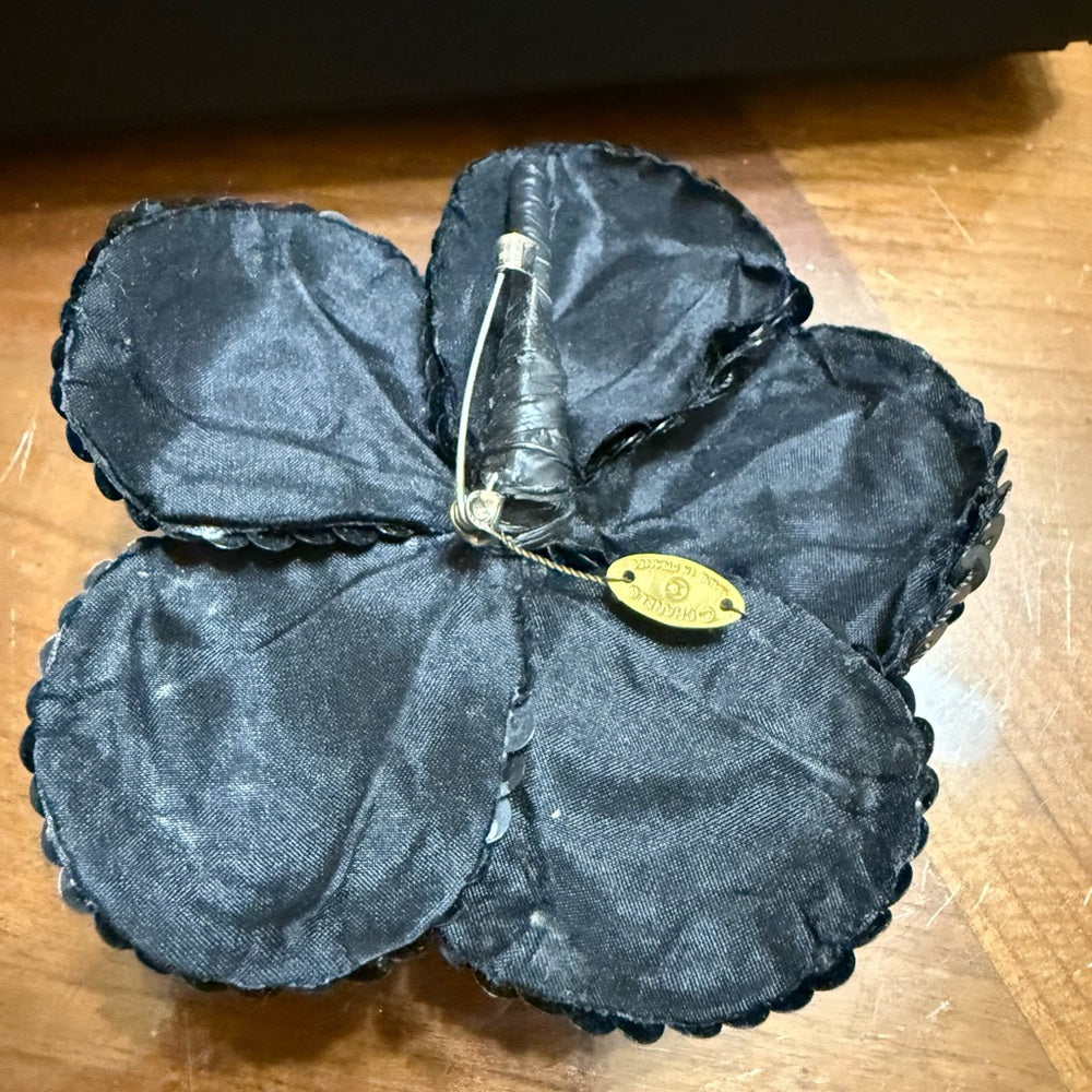 Chanel Black Camellia Sequin Brooch