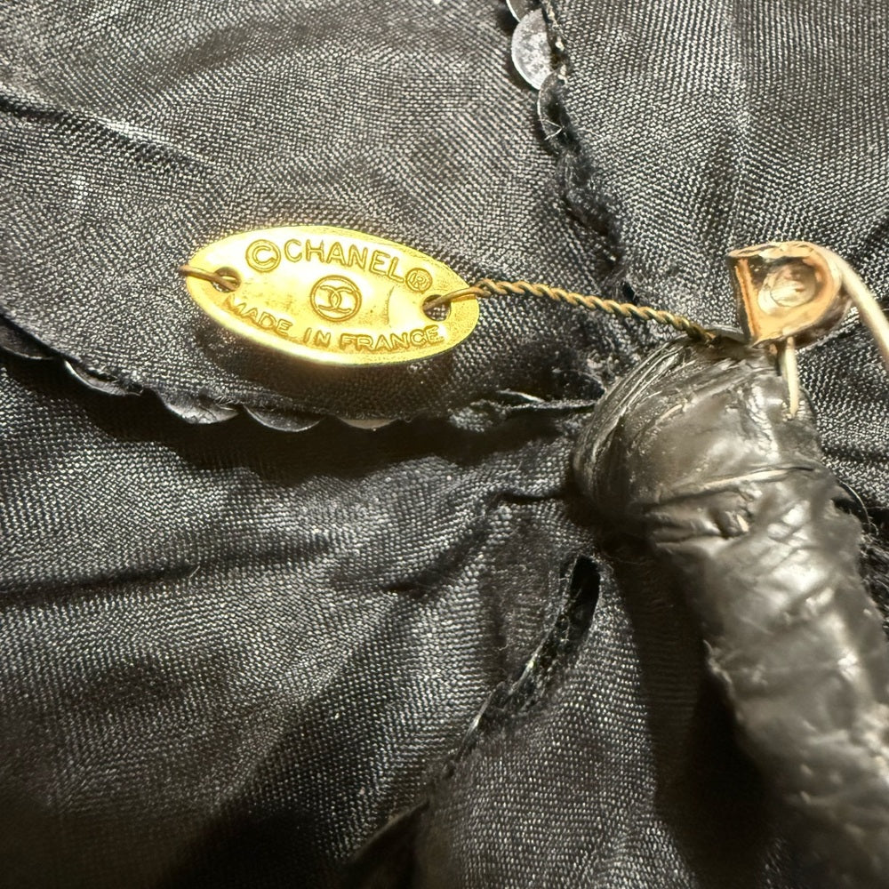 Chanel Black Camellia Sequin Brooch