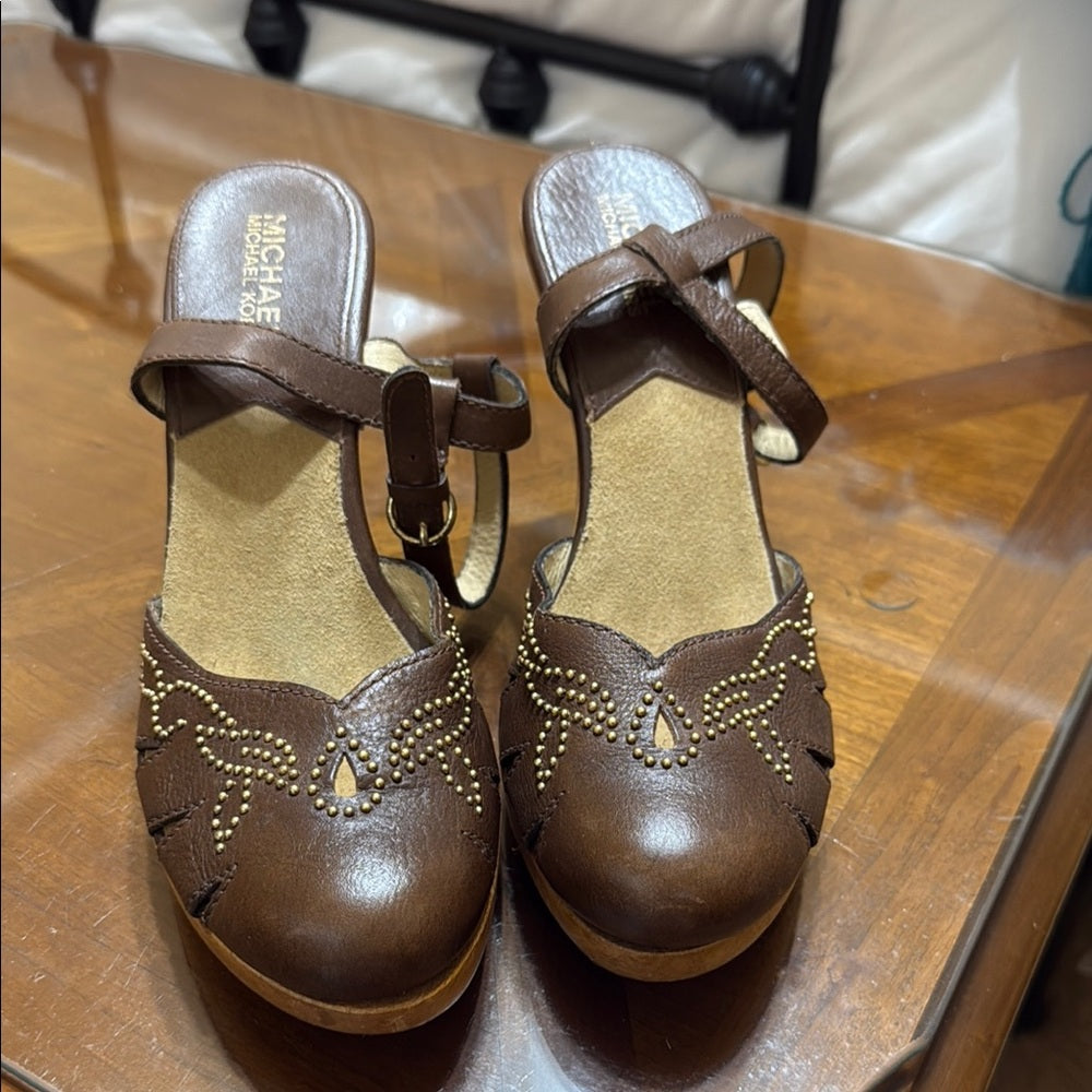 Michael Kors Brown Leather Heels with Gold Accents