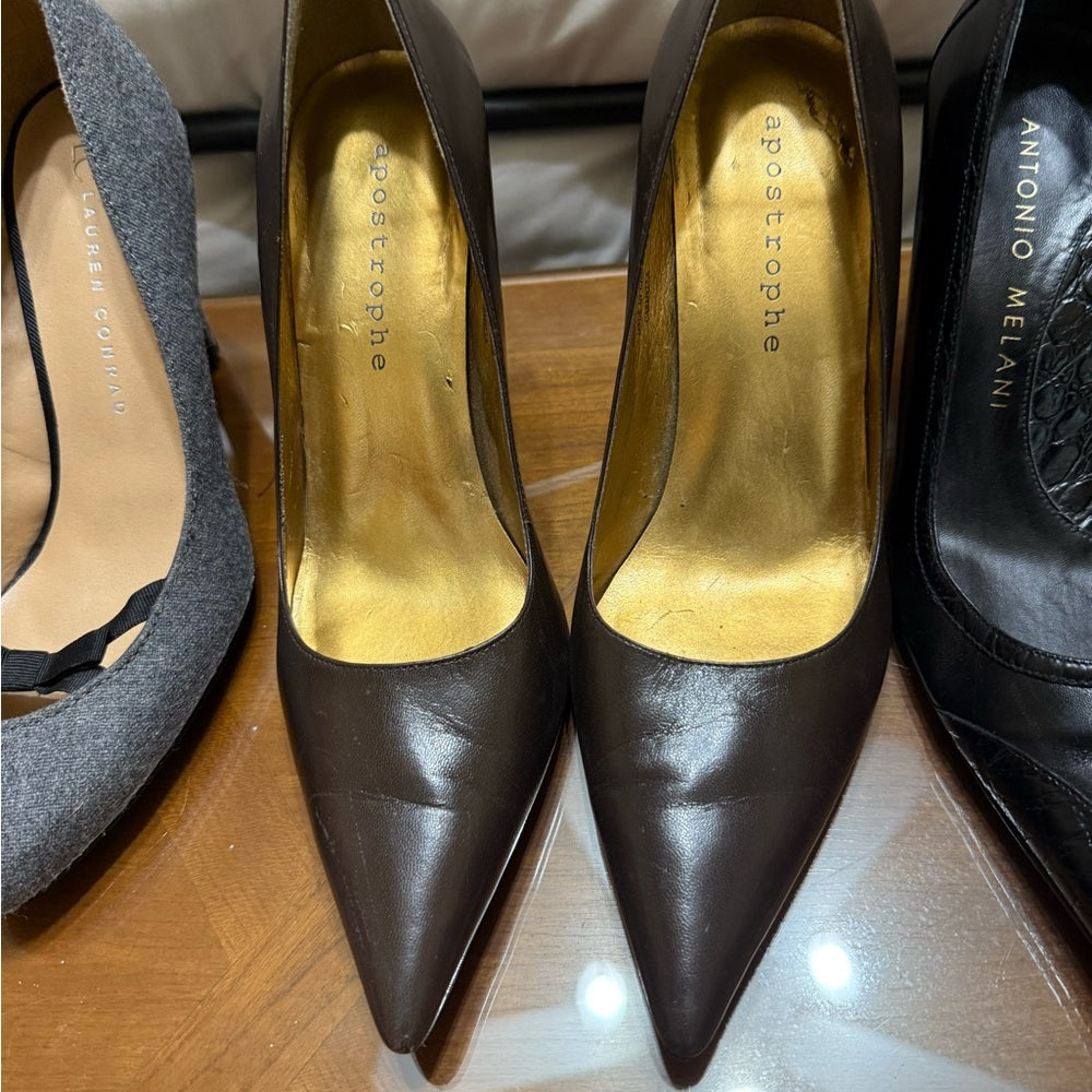 Apostrophe Brown Pointed-Toe Heels with Sleek Leather Finish