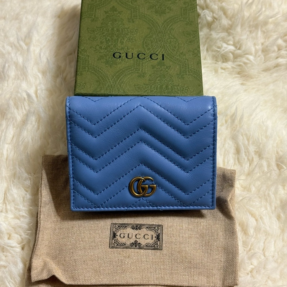 Gucci GG Marmont Quilted Blue Chevron Bifold Wallet