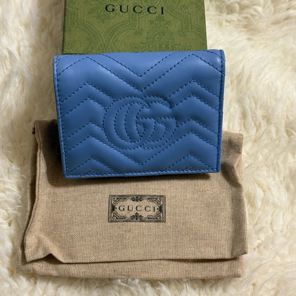 Gucci GG Marmont Quilted Blue Chevron Bifold Wallet