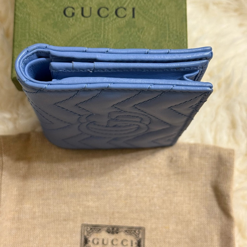Gucci GG Marmont Quilted Blue Chevron Bifold Wallet