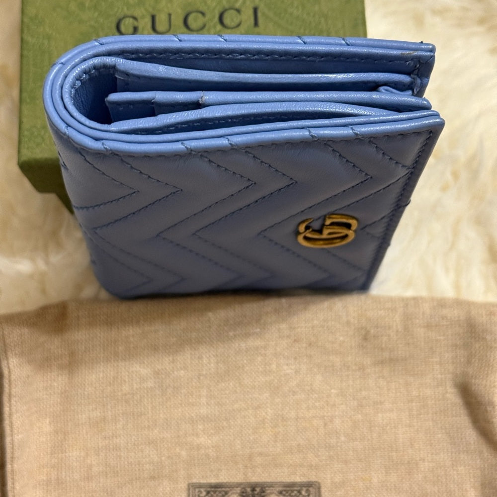 Gucci GG Marmont Quilted Blue Chevron Bifold Wallet