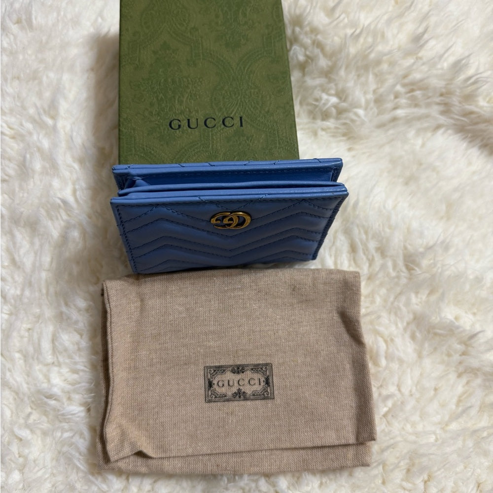 Gucci GG Marmont Quilted Blue Chevron Bifold Wallet