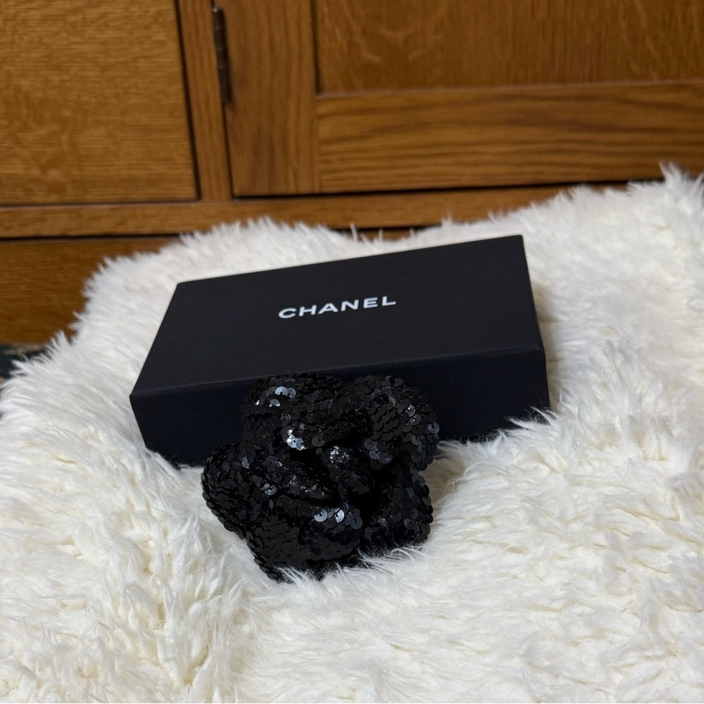 Chanel Black Camellia Sequin Brooch