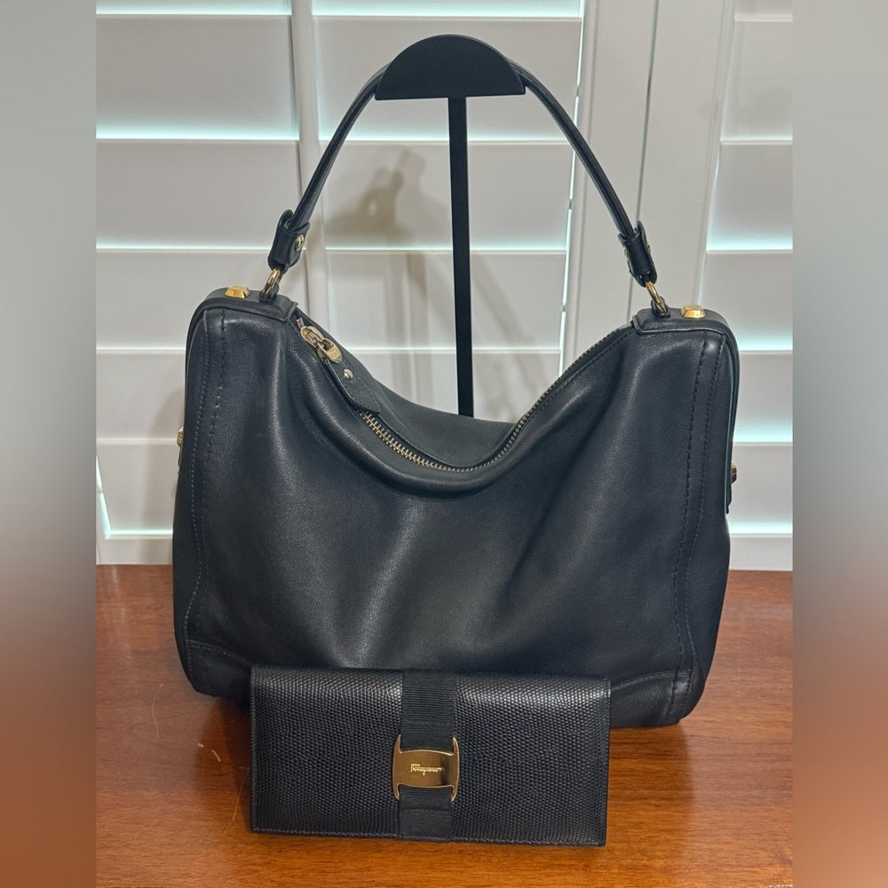 Salvatore Ferragamo Black Leather Hobo Bag with Free Ferragamo Wallet