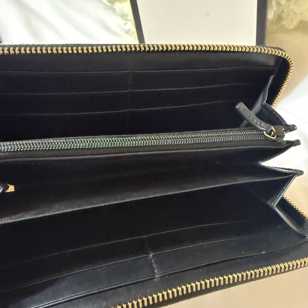 New Gucci GG Black and Gold Long Wallet with Gold Zipper